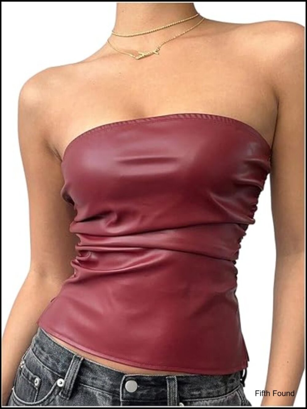 Women's PU Leather Ruched Tube Strapless Bandeau Top